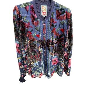 Johnny Was Clara Burnout Leda Button Down Top Navy Floral Velvet Small